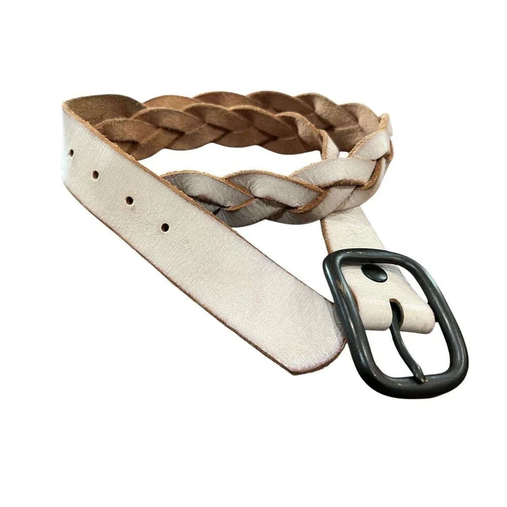Stamp 10 Unisex Western Off White Distressed Braided Leather Belt Men's Women's